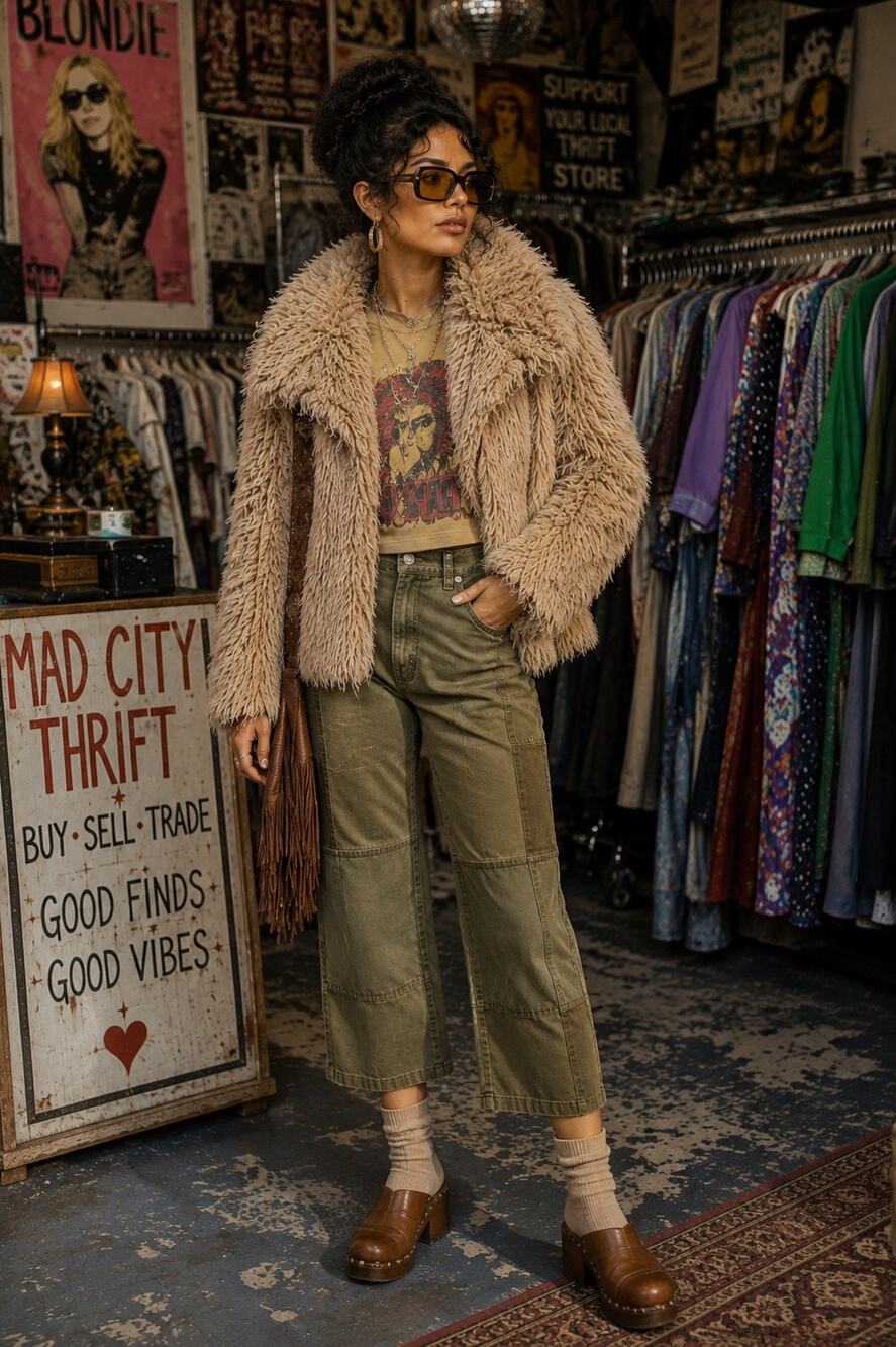 Zara Shaggy Faux Fur Jacket 70s Boho Penny Lane Style Beige M